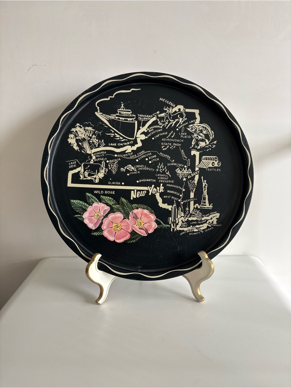 Black New York Decorative Wall Tray with Pink Wild Rose Design